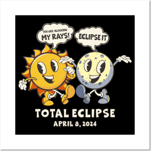 Funny Total Solar Eclipse USA April 8, 2024 Retro Cartoon Sun And Moon Posters and Art